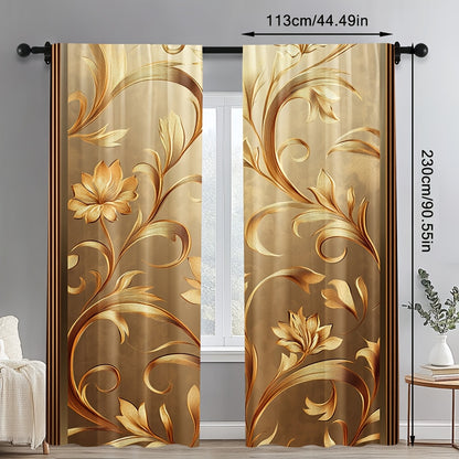 2pcs Elegant Golden Leaf Printed Curtains - Contemporary Floral Design, 100% Polyester