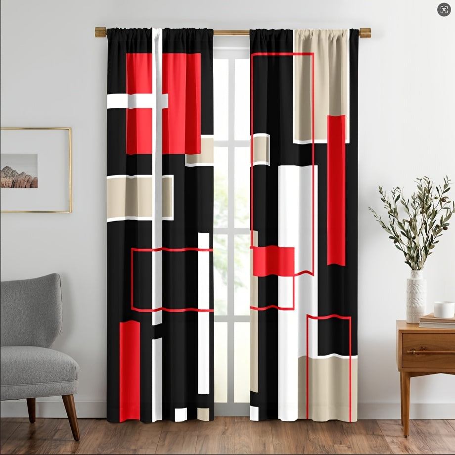 2pcs Modern plaid curtains in red and grey