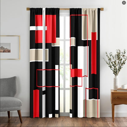 2pcs Modern plaid curtains in red and grey