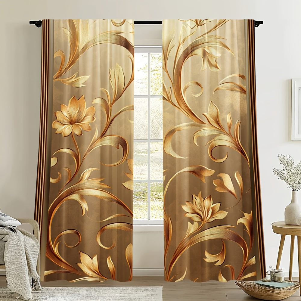 2pcs Elegant Golden Leaf Printed Curtains - Contemporary Floral Design, 100% Polyester