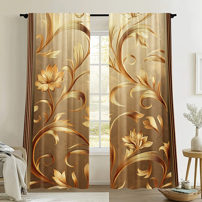 2pcs Elegant Golden Leaf Printed Curtains - Contemporary Floral Design, 100% Polyester