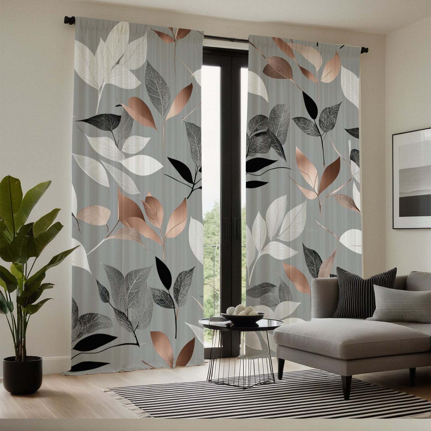 Light Gray Curtains with Colorful Leaf Print, Rod Pocket Design