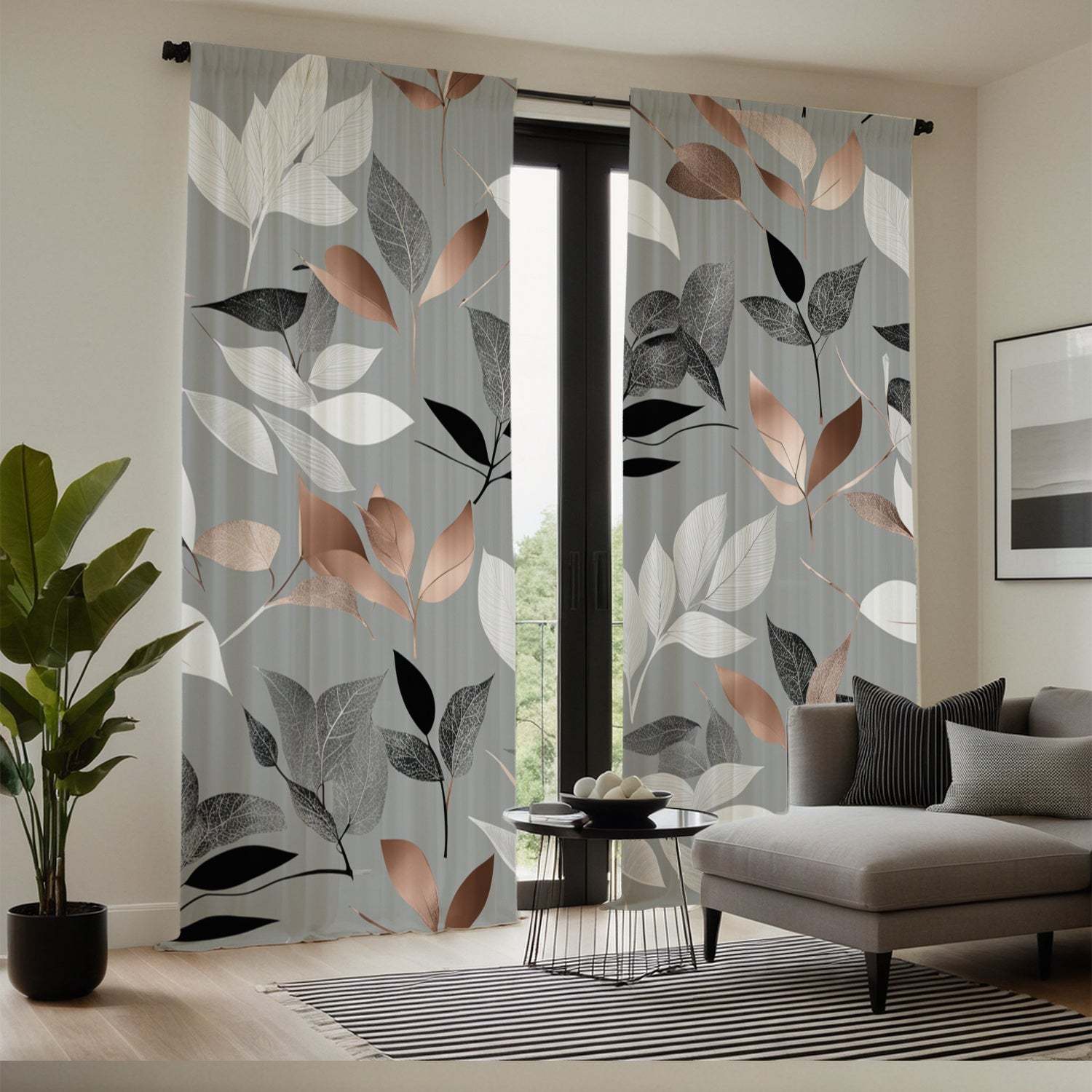 Light Gray Curtains with Colorful Leaf Print, Rod Pocket Design