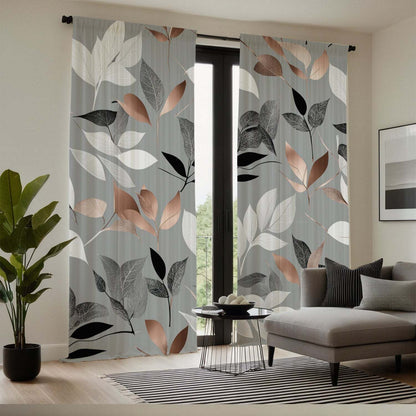 Light Gray Curtains with Colorful Leaf Print, Rod Pocket Design