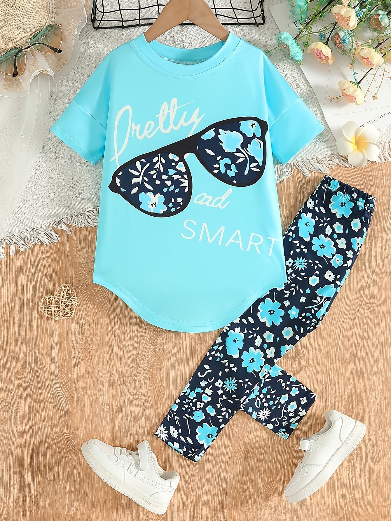2 pcs Girls Party Outfit - Graphic Tee & Floral Leggings