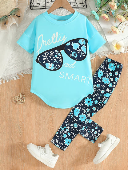 2 pcs Girls Party Outfit - Graphic Tee & Floral Leggings