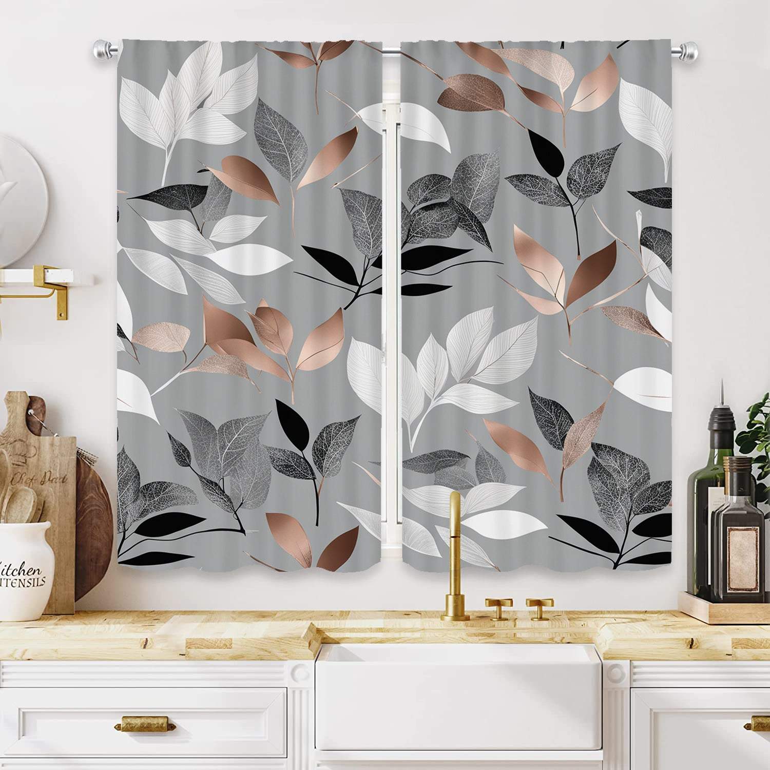 Light Gray Curtains with Colorful Leaf Print, Rod Pocket Design