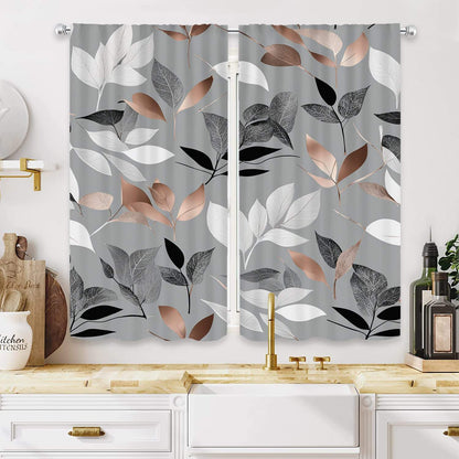 Light Gray Curtains with Colorful Leaf Print, Rod Pocket Design