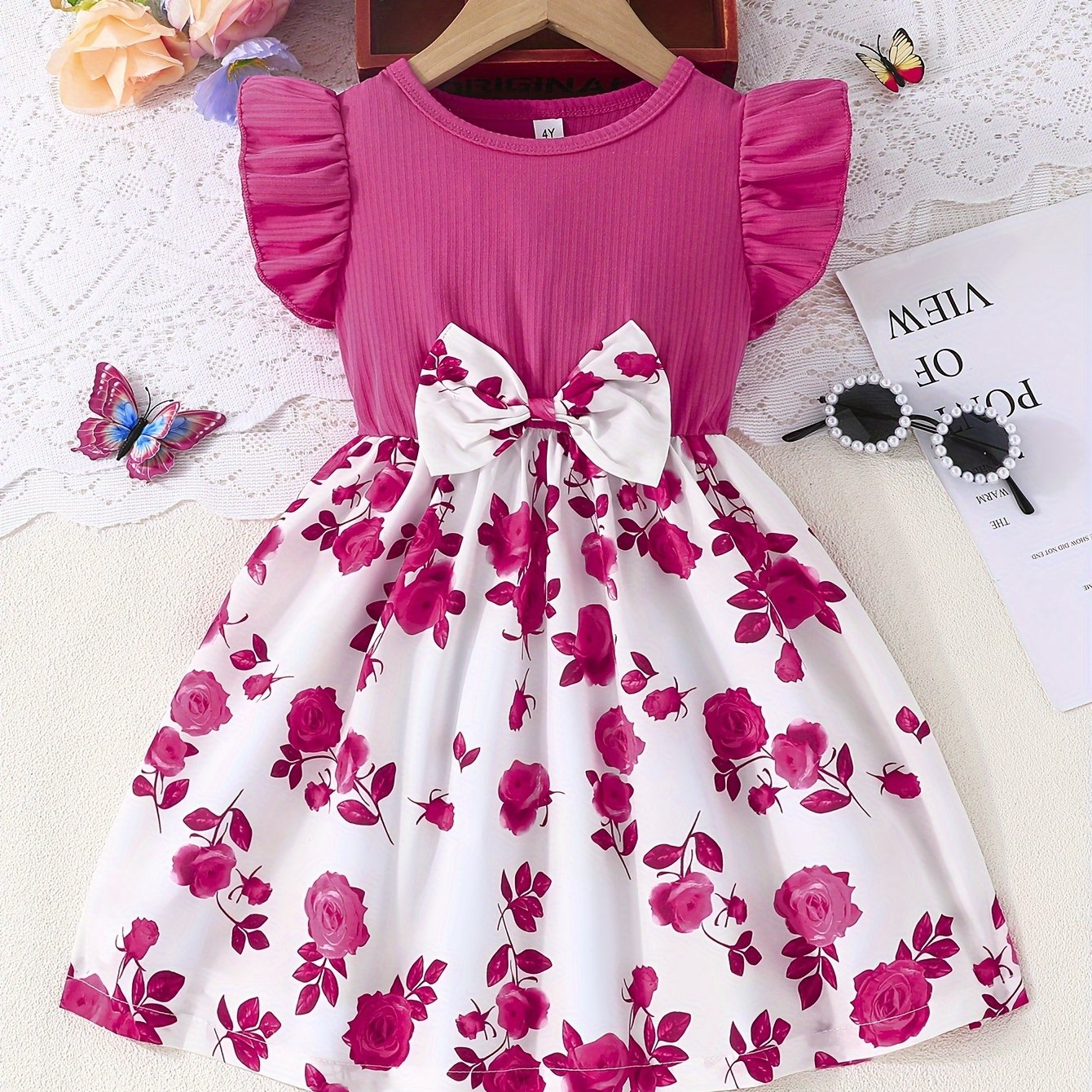 Elegant Rose Print Ruffle Dress for Girls, Bow Waist and Outdoor