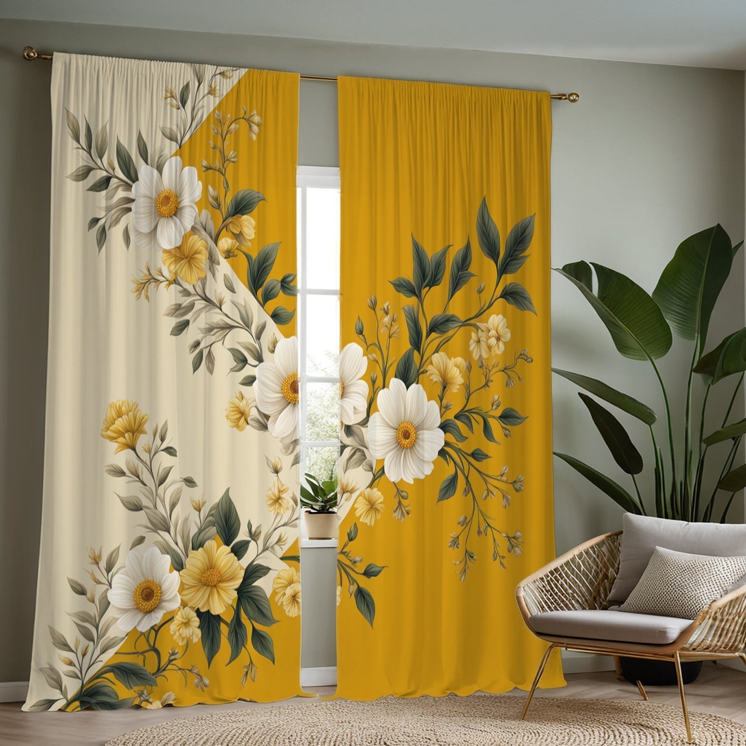 Yellow Floral Semi-Sheer Curtains, Washable, Rod Pocket, Unlined