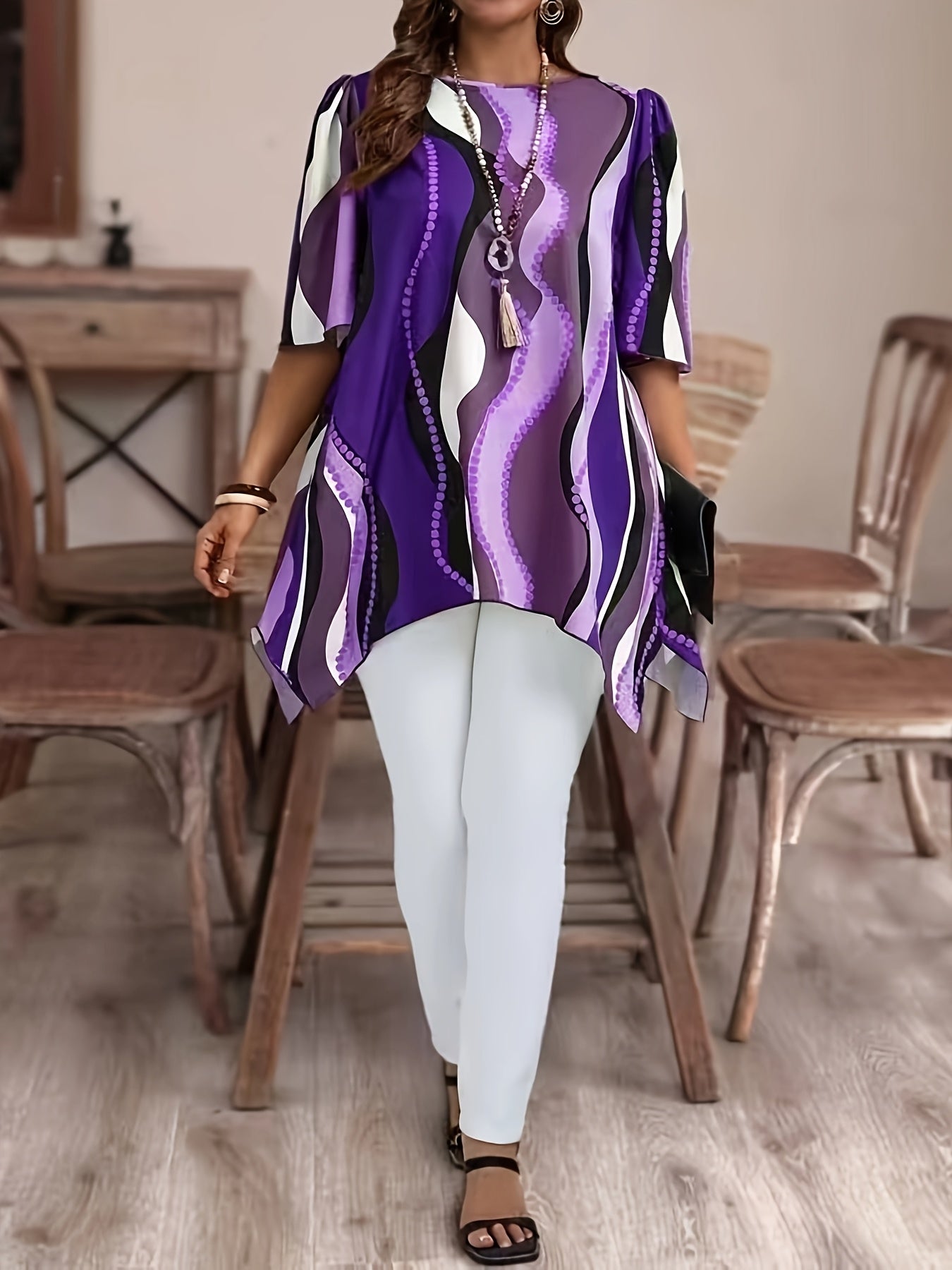 Women Black and White Abstract Print Top - Casualwear