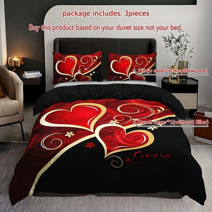 Heart Pattern Duvet Cover - 3pcs Set, Red & Black, All-Season